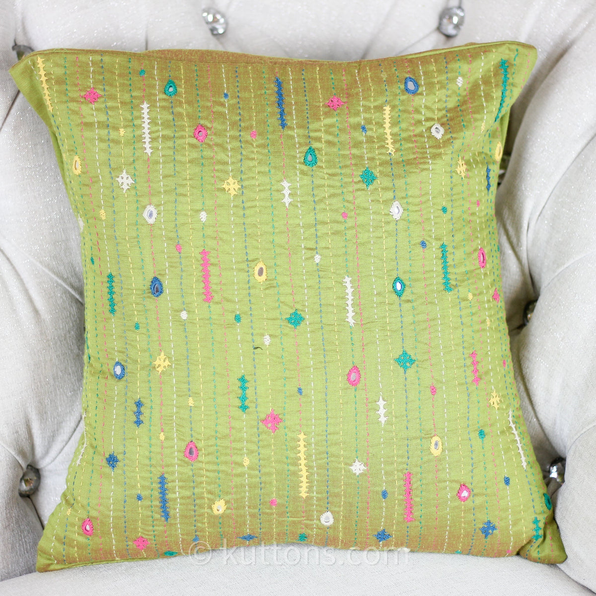 Bavaliyo Hand Embroidered Cotton Silk Decorative Cushion Cover With Mirror Embroidery Green Pillow 16x16