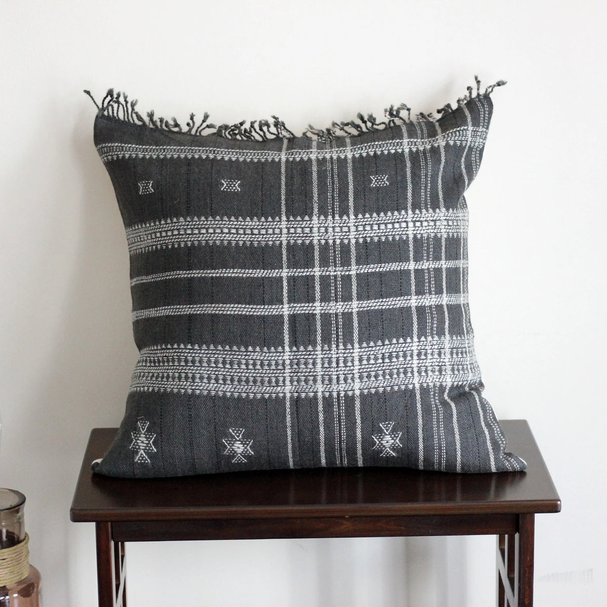Bhujodi 100 Wool Organic Cotton Pillow Cover Rustic Handwoven Cushion with Tassels Dark Gray Pair