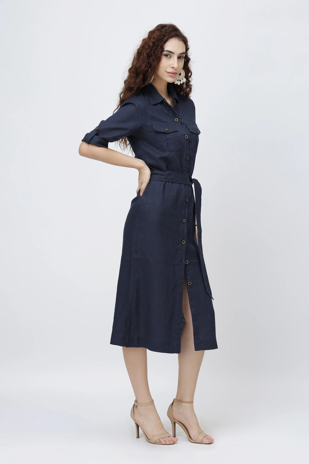 Tailored Linen Shirt Midi Dress Belted Shirt Dress