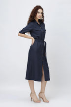 Tailored Linen Shirt Midi Dress Belted Shirt Dress