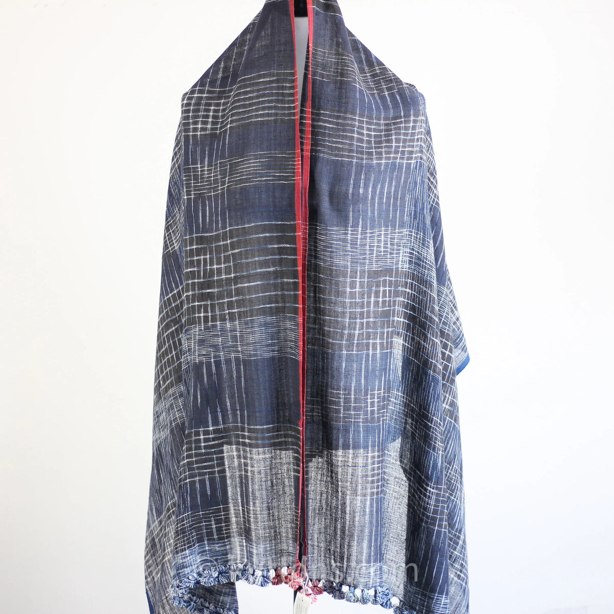 Wrap in Artistry Organic Cotton Scarf Dyed with Natural Dyes Handwoven by Women Weavers Blue Red 26x73