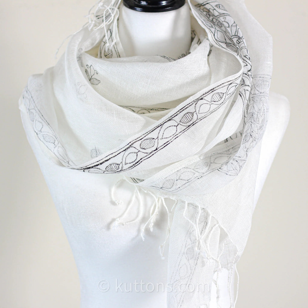 Ethnic Hand Painted Madhubani Scarf Linen Wrap White Black Peacock Motifs 20x80