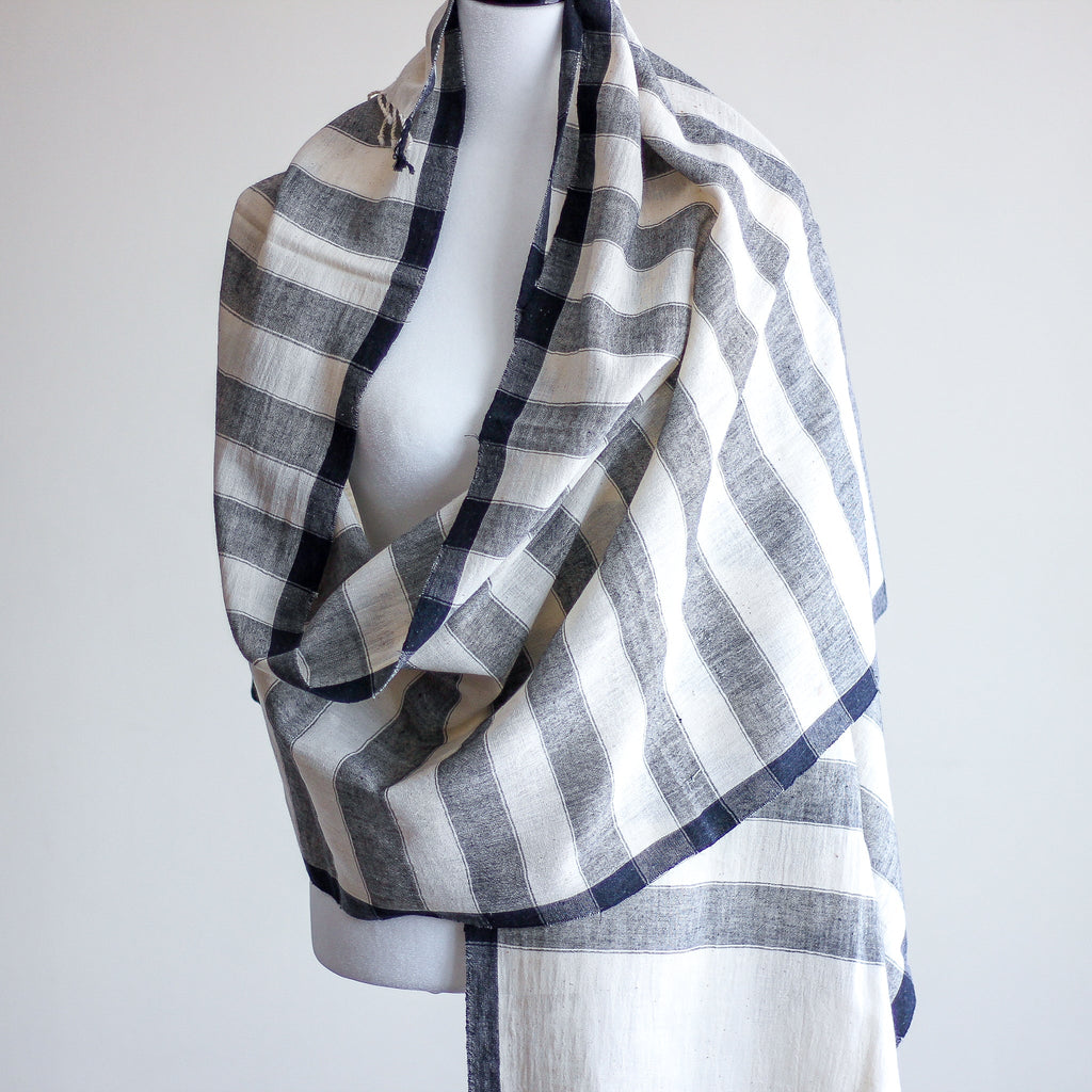 Handwoven Organic Kala Cotton Wrap with Tassels Genetically Pure Organic Cotton Scarf Cream Gray Stripes 23x89