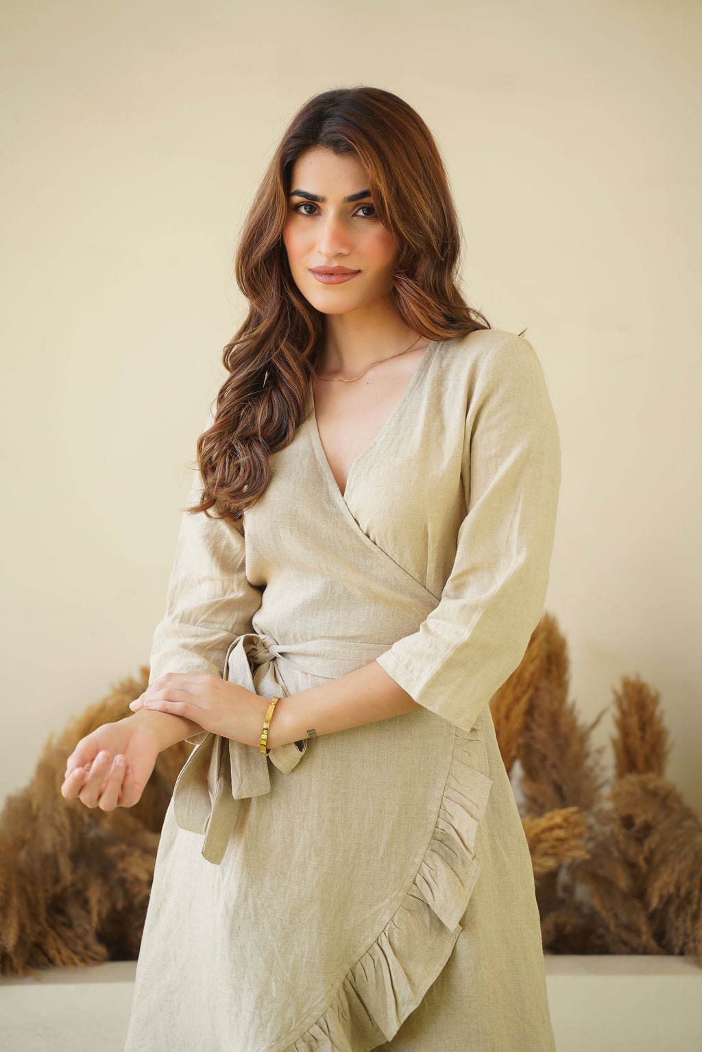 Natural Linen Wrap Dress with Frills Waist Belt Long Sleeve Linen Midi Dress with Pockets