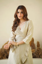 Natural Linen Wrap Dress with Frills Waist Belt Long Sleeve Linen Midi Dress with Pockets