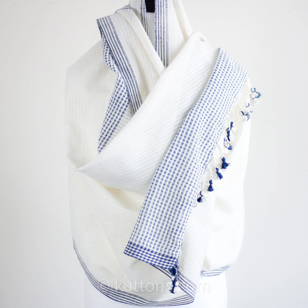 Organic Cotton Wrap Dyed with Natural Dyes Handspun Handwoven by Women Weavers White Blue 25x82