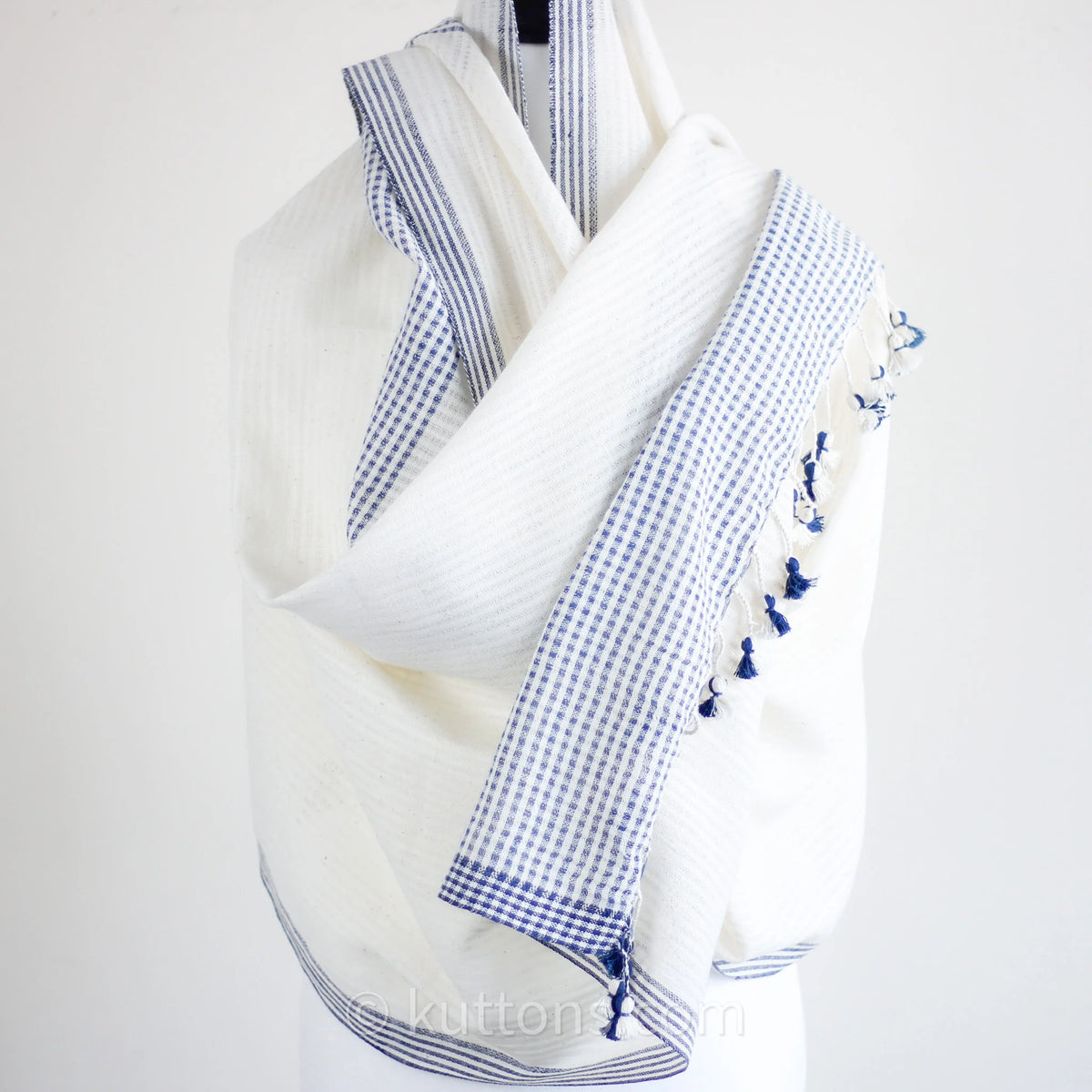 Organic Cotton Wrap Dyed with Natural Dyes Handspun Handwoven by Women Weavers White Blue 25x82