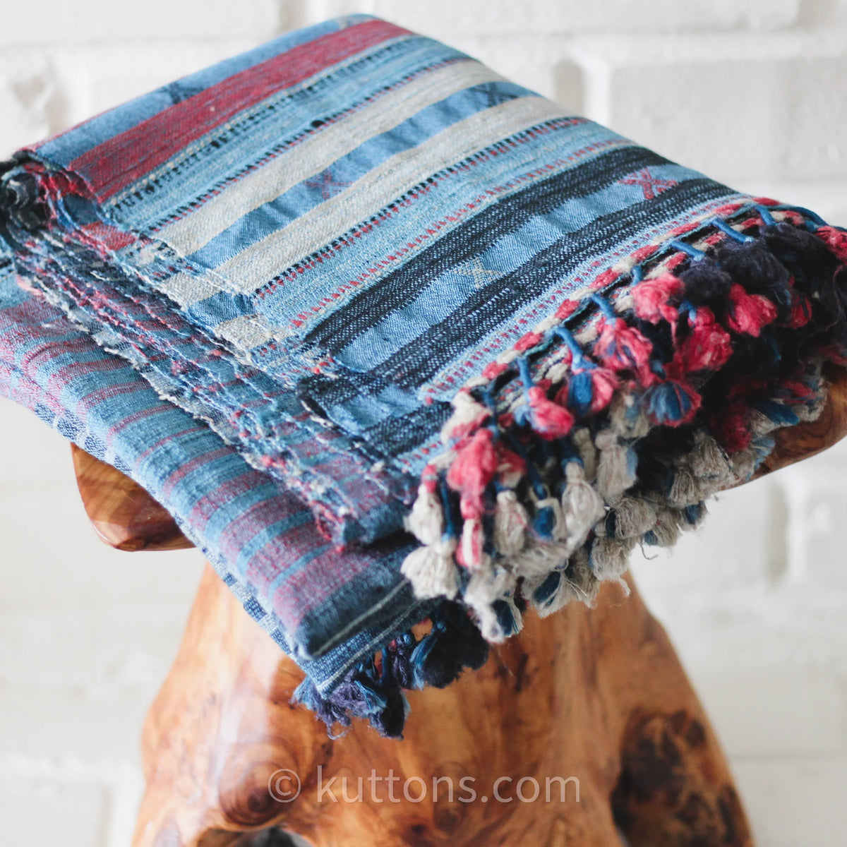 Handwoven Tussar Silk Merino Wool Shawl Long Tassels Striped Pattern Blue Pink 39x86