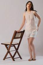 Sleeveless High Neck Linen Tank Top with Front Pleat