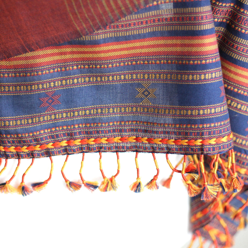 Handwoven Cotton Stole Wrap with Tassels Maroon Golden Brown Olive 23x84
