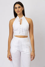 Celeste Linen Halter Top Tie Neck Fabric Covered Buttons