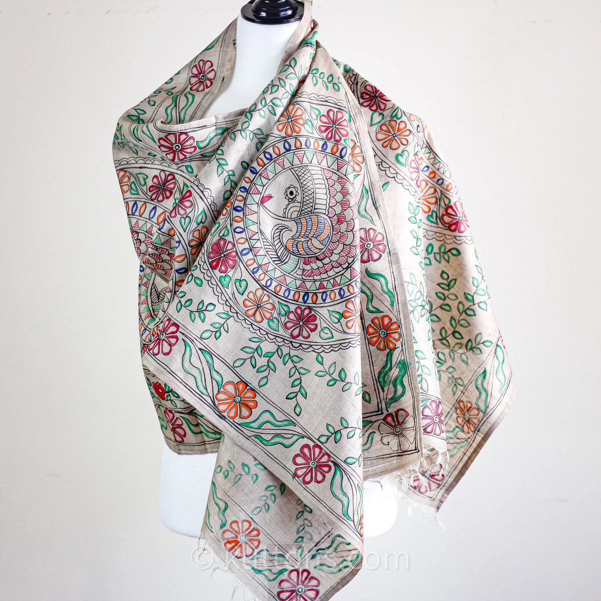 Ethnic Hand Painted Madhubani Stole Khincha Silk Handloom Wrap Golden 22x80