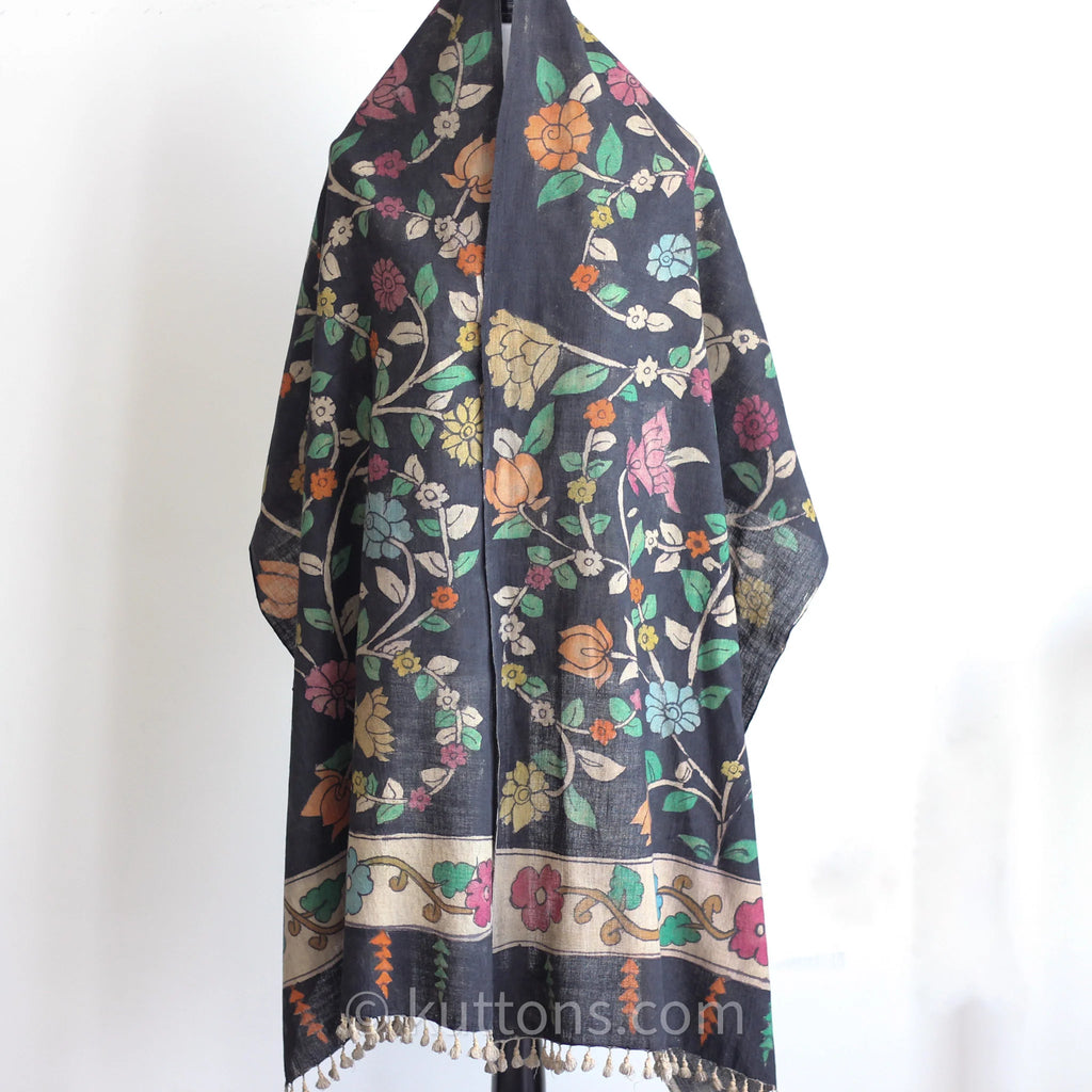 Kalamkari Hand Painted Organic Cotton Wrap Ethnic Scarf Natural Colours Black 23x86