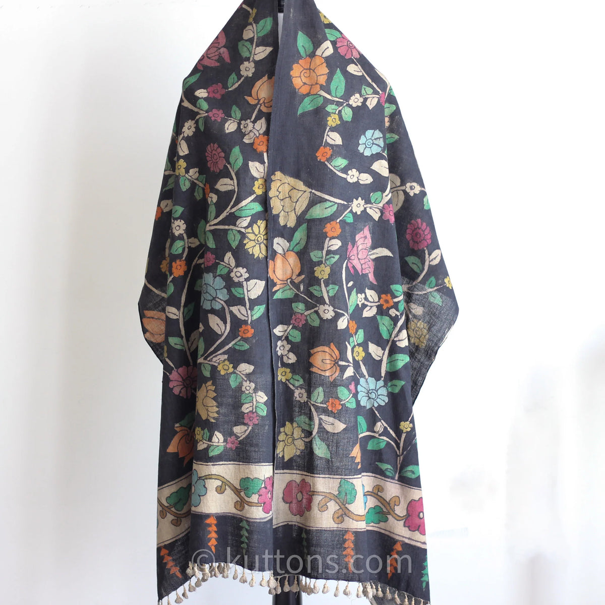 Kalamkari Hand Painted Organic Cotton Wrap Ethnic Scarf Natural Colours Black 23x86