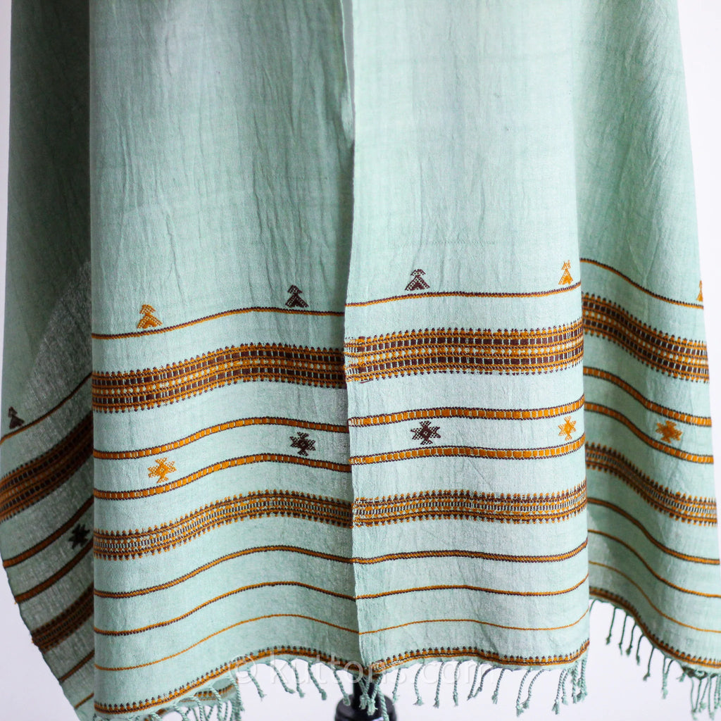 Handwoven Organic Kala Cotton Scarf Wrap with Tassels Green 23x78