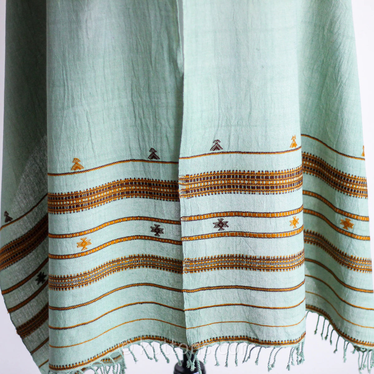 Handwoven Organic Kala Cotton Scarf Wrap with Tassels Green 23x78