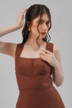Structured Linen Midi Dress Square Neck Sculpted Waist