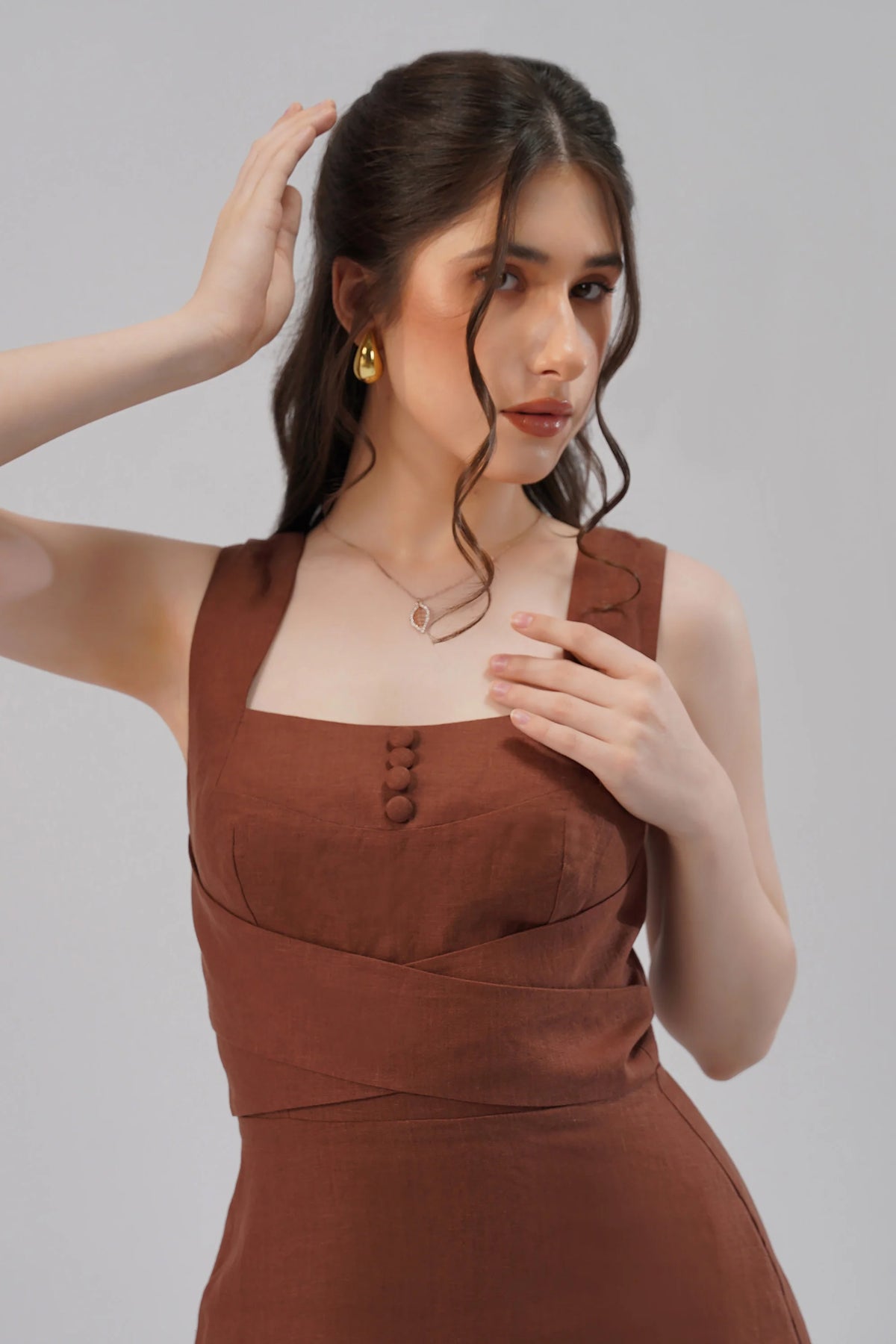 Structured Linen Midi Dress Square Neck Sculpted Waist
