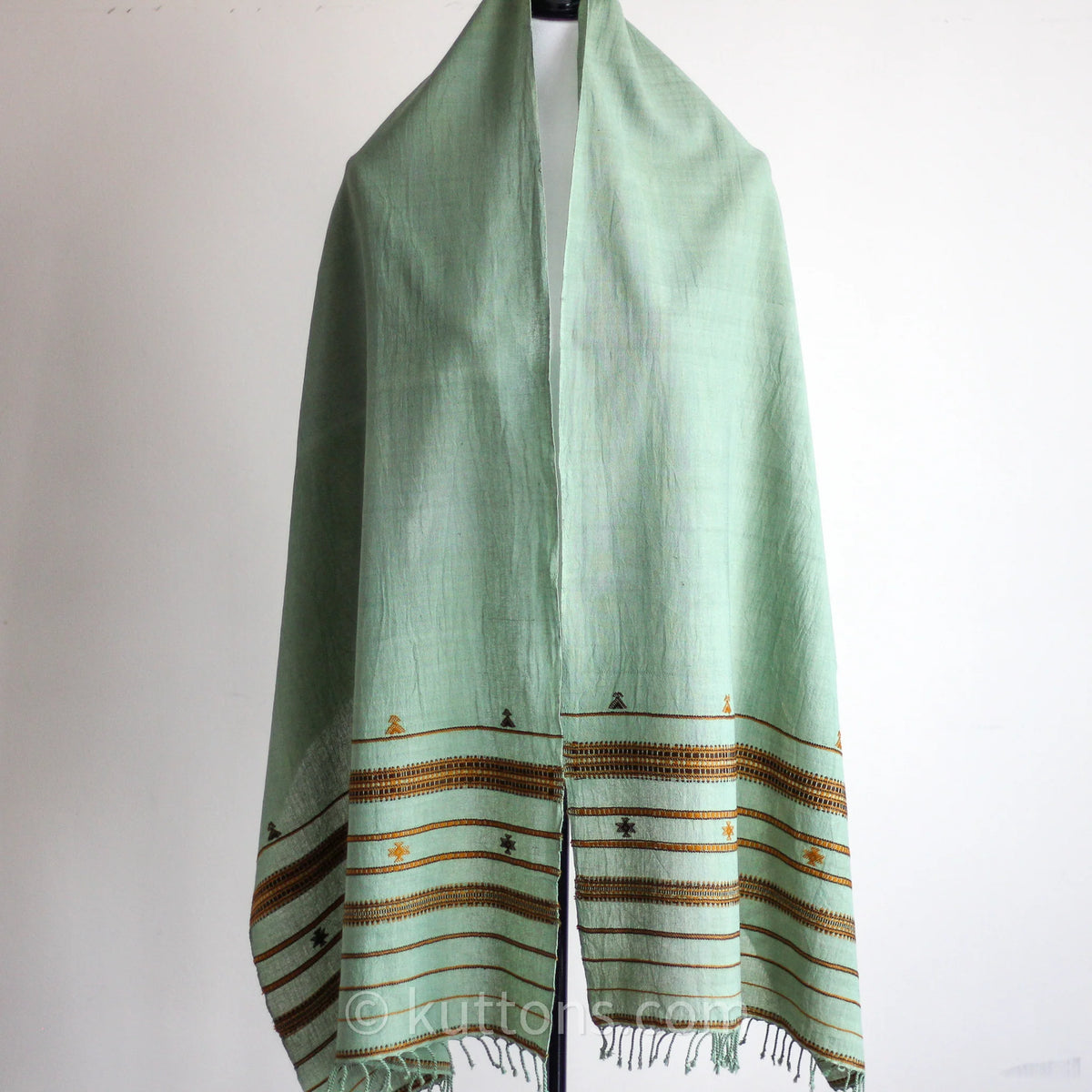 Handwoven Organic Kala Cotton Scarf Wrap with Tassels Green 23x78