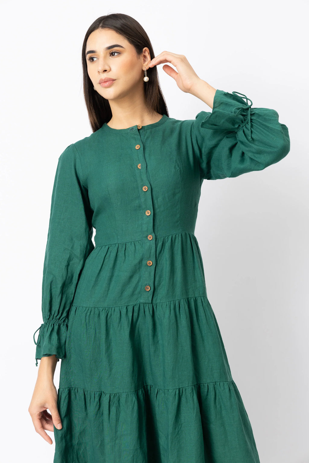 Linen Button Front Tiered Maxi Dress
