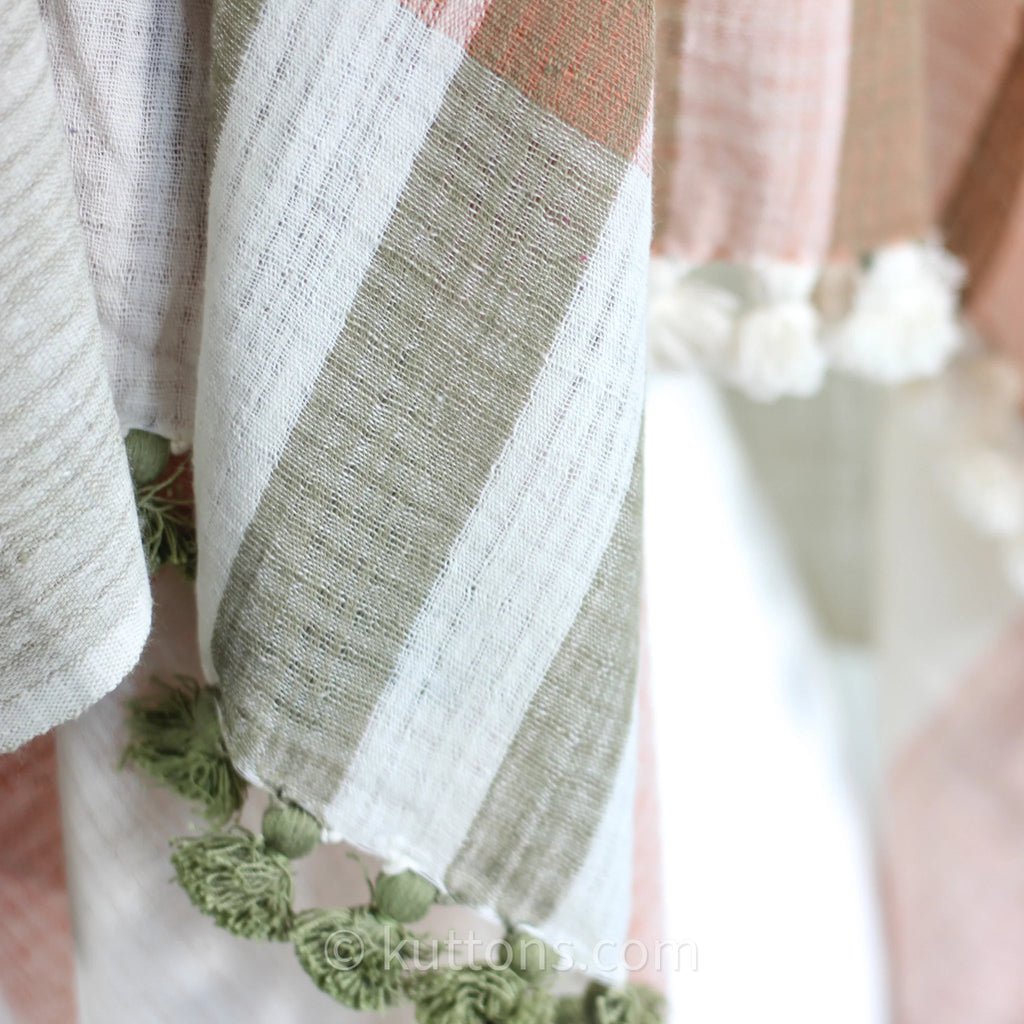 Naturally Dyed Organic Cotton Scarf with Tassels Handspun Handwoven Light Airy Stole White Pink 26x78