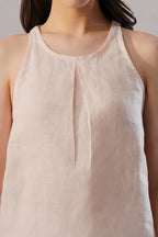 Sleeveless High Neck Linen Tank Top with Front Pleat
