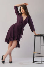 Elara Wrap Linen Dress Asymmetric Hem Ruffle Detail European Linen