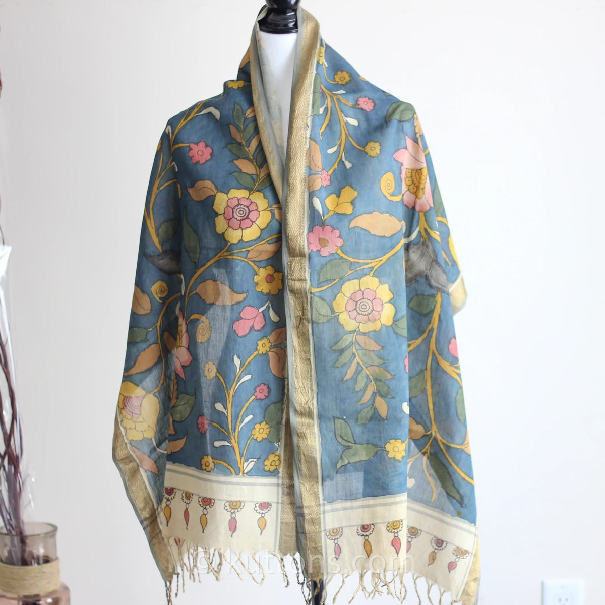 Ethnic Hand Painted Handwoven Kalamkari Chanderi Cotton Wrap Natural Colours Blue Yellow Stole 21x70