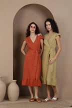 Flutter Sleeve Linen Wrap Midi Dress European Linen