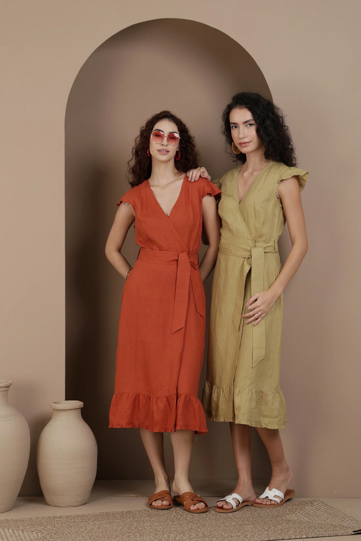 Flutter Sleeve Linen Wrap Midi Dress European Linen