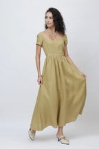 The Aria Linen Maxi Dress Square Neck Fitted Bodice