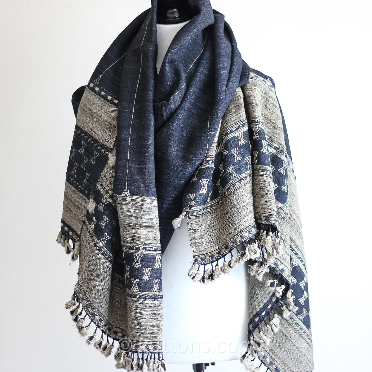 Handwoven Tussar Silk Merino Wool Shawl with Tassels Black Brown 38x86