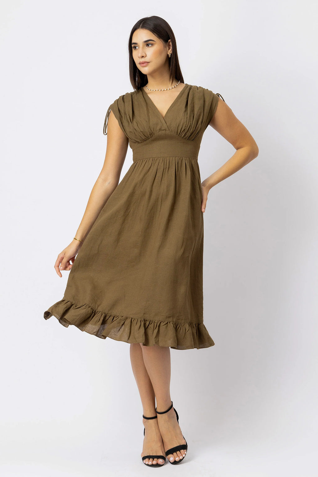 European Linen Midi Dress with Flattering Empire Waist amp Adjustable Ties