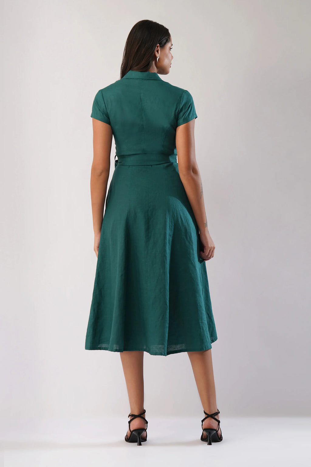 Tailored European Linen Midi Shirt Dress with Tie Waist