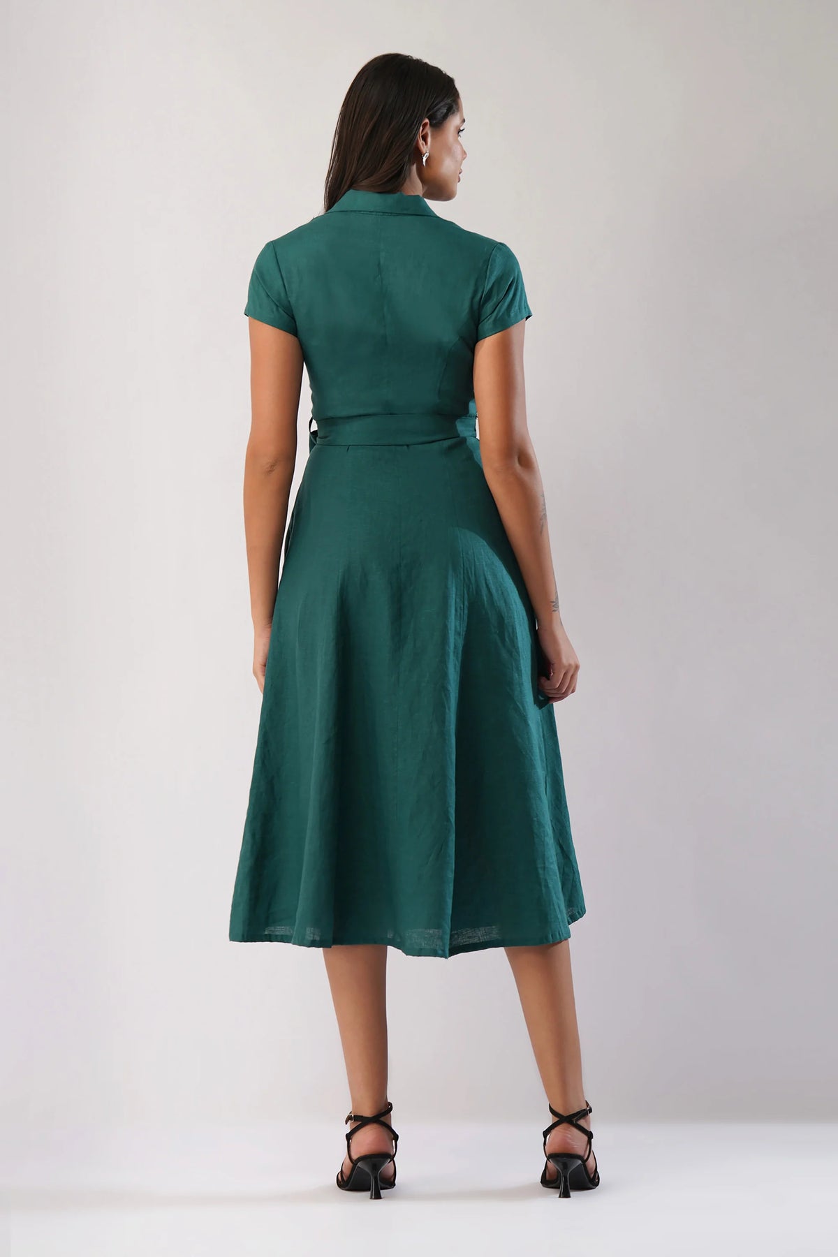 Tailored European Linen Midi Shirt Dress with Tie Waist