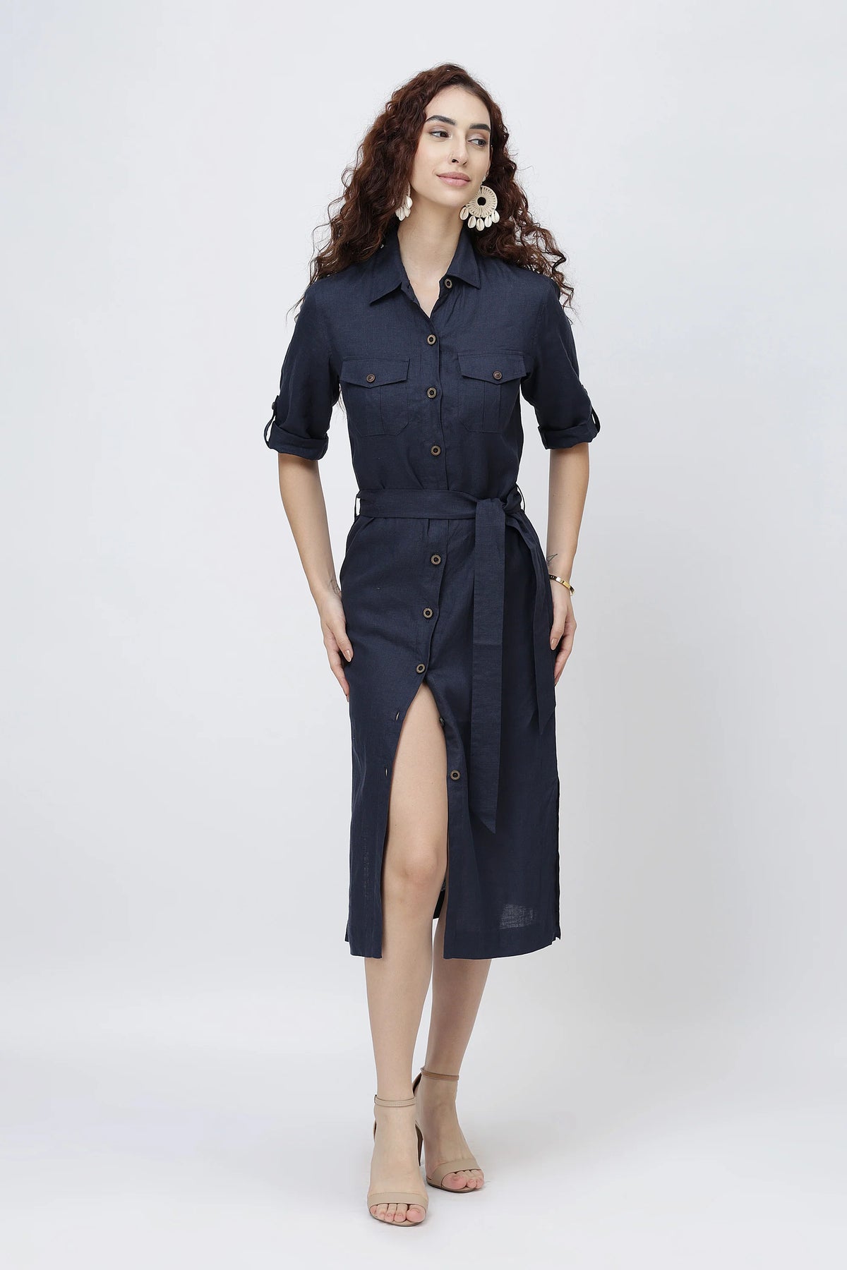 Tailored Linen Shirt Midi Dress Belted Shirt Dress