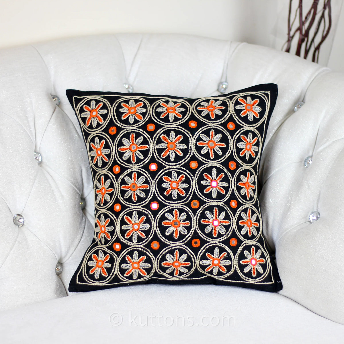 Banjara Lambani Hand Embroidered Cushion Cover Embroidered Mirrors Throw Pillow Case Black 16x16