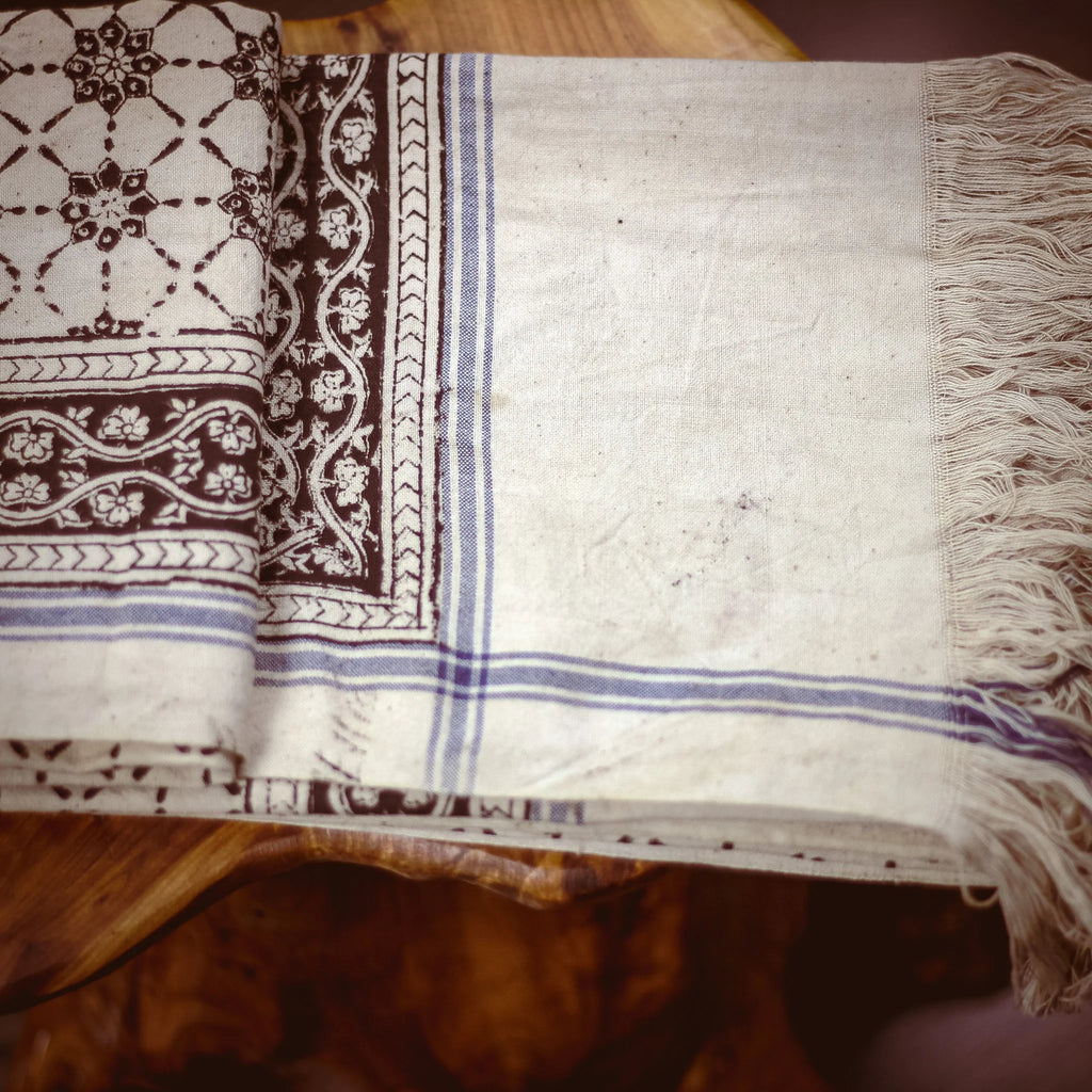 Kalamkari Hand Block Printed Handwoven Pure Cotton Towel Dyed with Natural Colours Beige Black 28x61