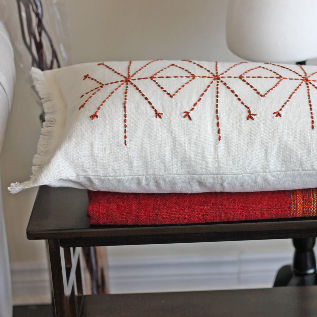 Hand Embroidered 100 Linen Gauze Pillow Cover Fringed Edges Handmade 16x24
