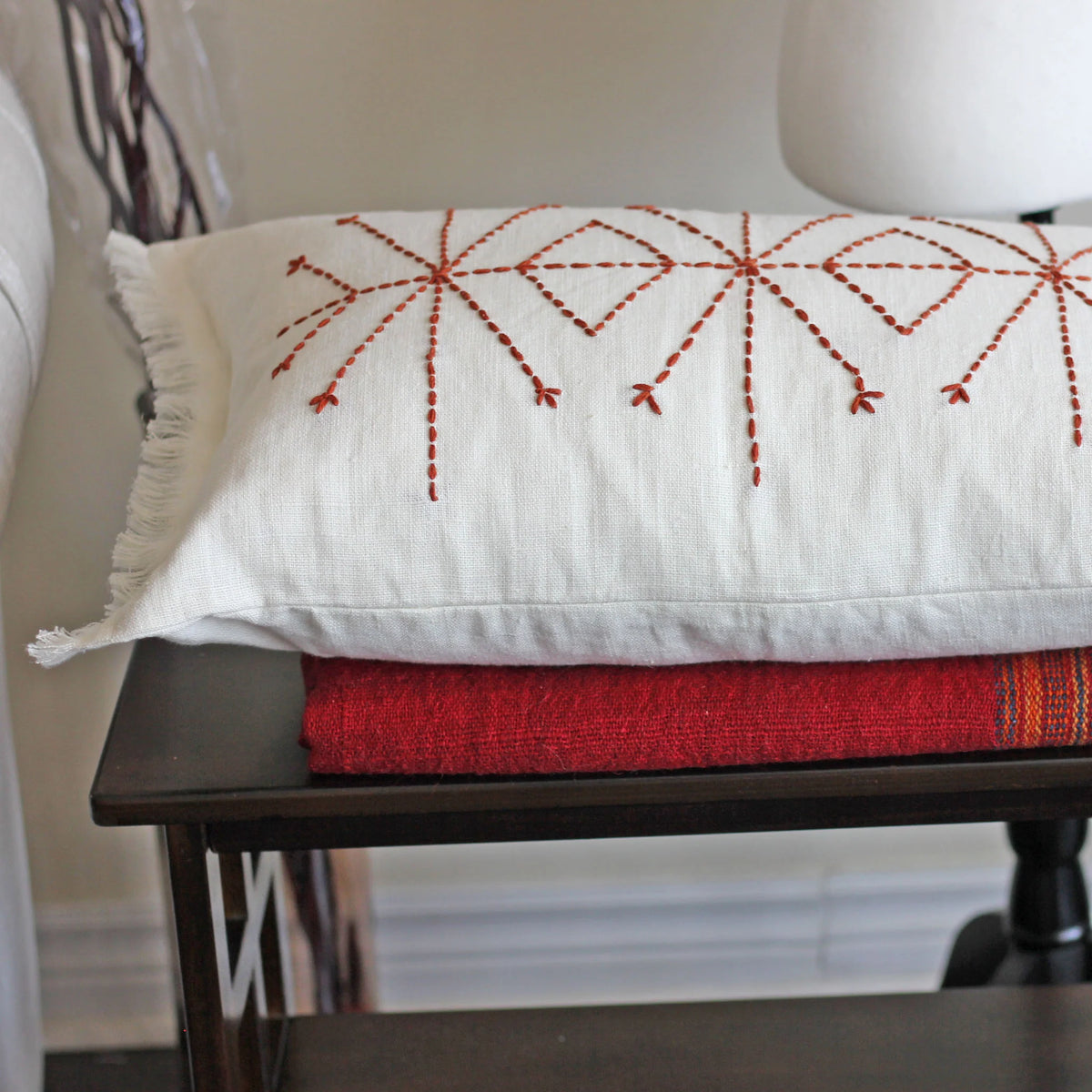 Hand Embroidered 100 Linen Gauze Pillow Cover Fringed Edges Handmade 16x24