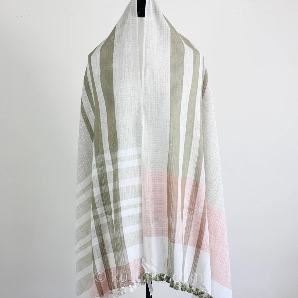 Naturally Dyed Organic Cotton Scarf with Tassels Handspun Handwoven Light Airy Stole White Pink 26x78