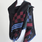 Handspun Handwoven Cotton Scarf with Frayed Edges Azo Free Vat Dyes Black Blue 24x82