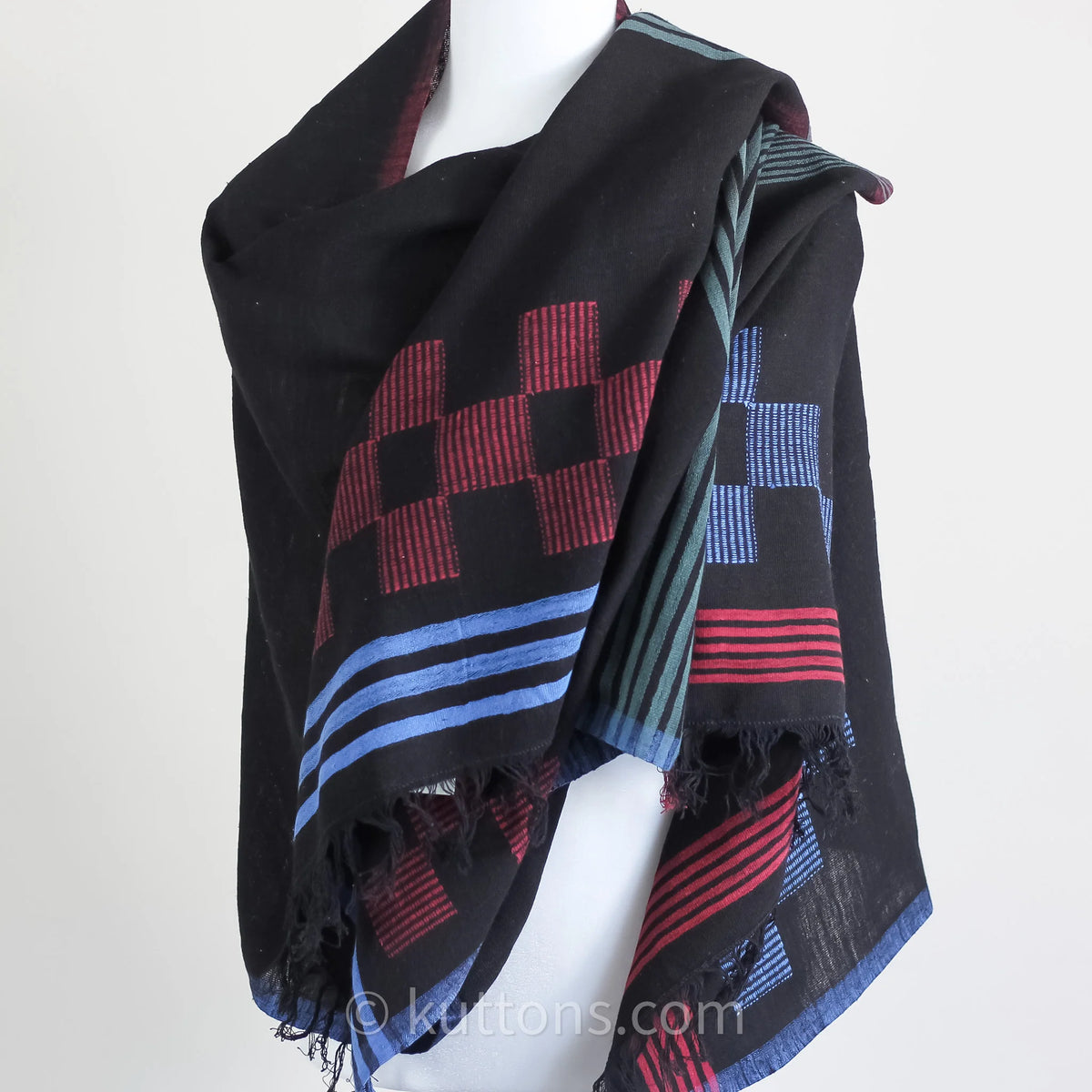 Handspun Handwoven Cotton Scarf with Frayed Edges Azo Free Vat Dyes Black Blue 24x82