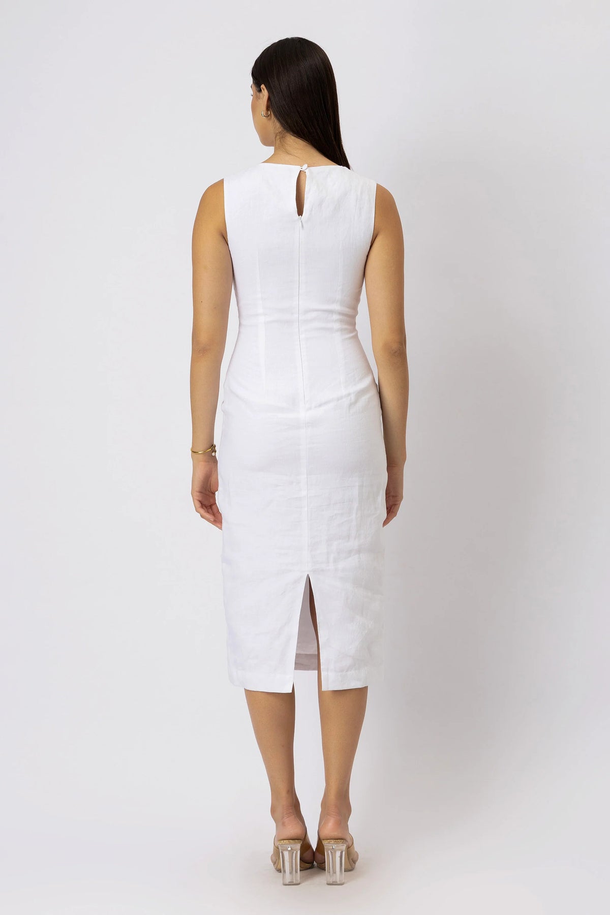 European Linen Boat Neck Sleeveless Sheath Midi Dress