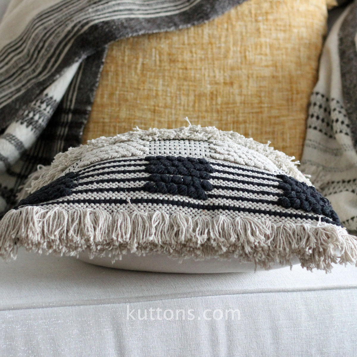 Hand Woven Boho Cotton Throw Pillow Cover Tufted Decorative Cushion Black White 18x18