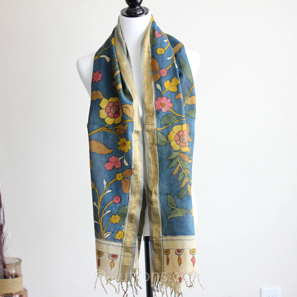 Ethnic Hand Painted Handwoven Kalamkari Chanderi Cotton Wrap Natural Colours Blue Yellow Stole 21x70