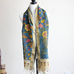 Ethnic Hand Painted Handwoven Kalamkari Chanderi Cotton Wrap Natural Colours Blue Yellow Stole 21x70