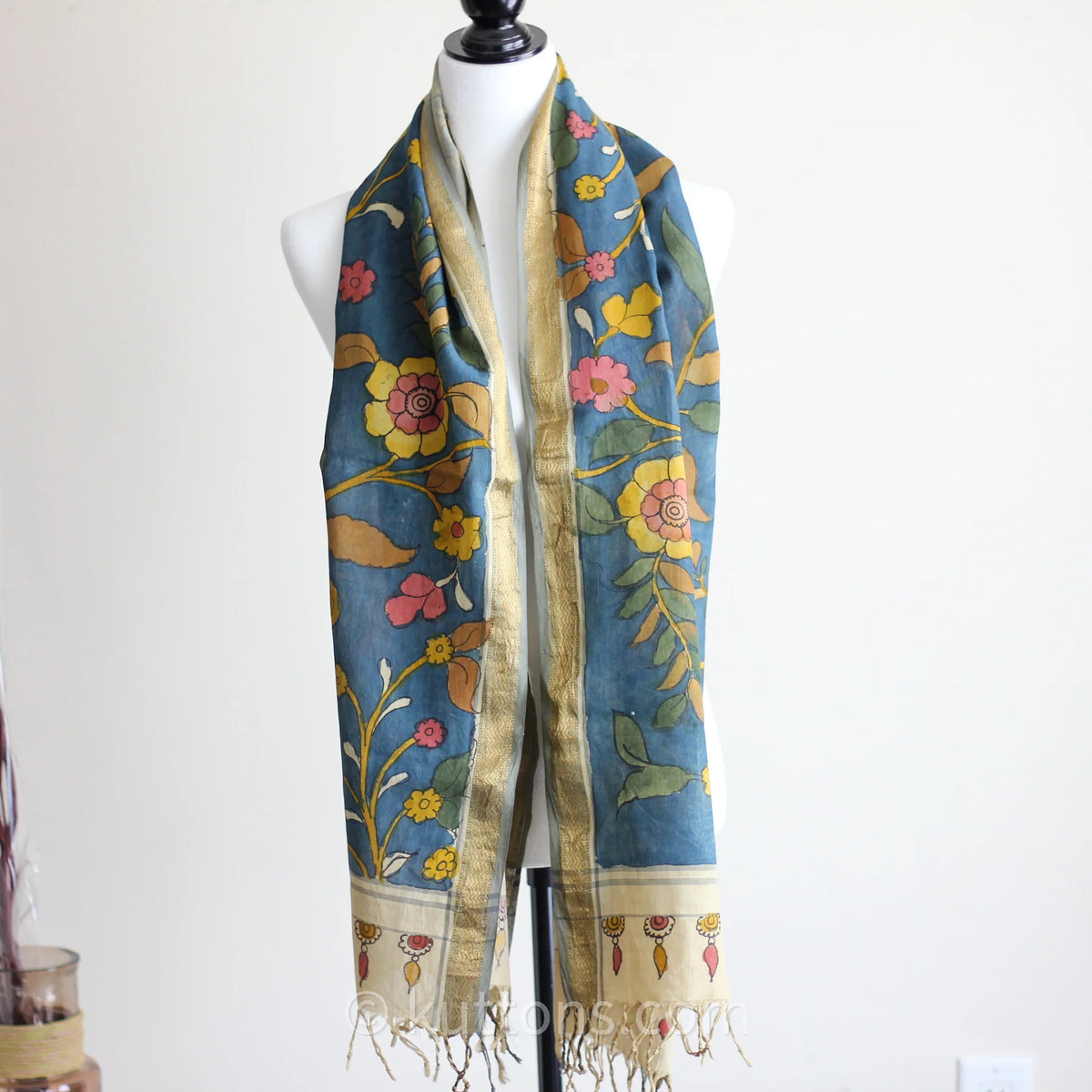Ethnic Hand Painted Handwoven Kalamkari Chanderi Cotton Wrap Natural Colours Blue Yellow Stole 21x70
