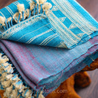 Handspun Handwoven Tussar Silk Merino Wool Shawl Wrap Blue Golden Brown 37x83