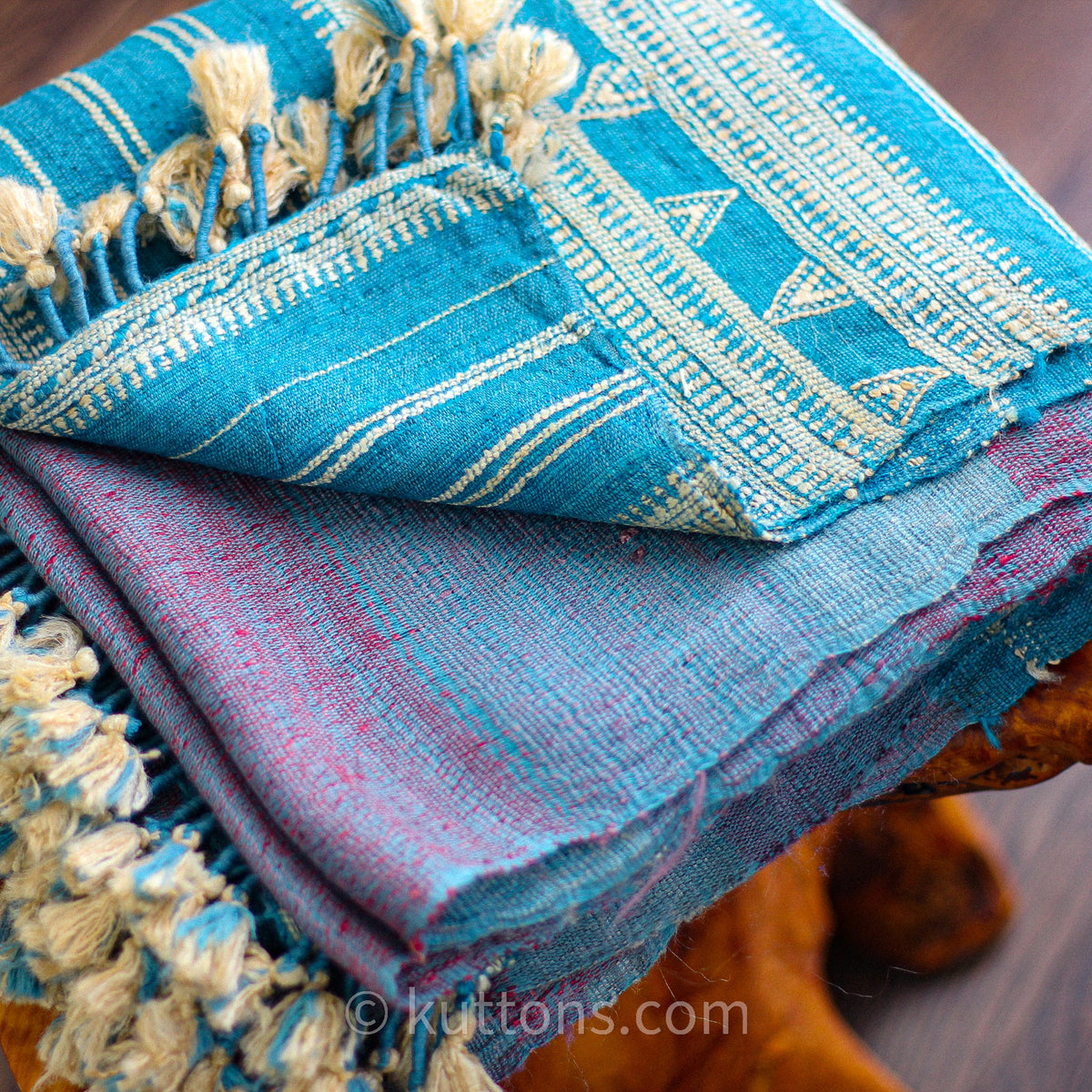 Handspun Handwoven Tussar Silk Merino Wool Shawl Wrap Blue Golden Brown 37x83